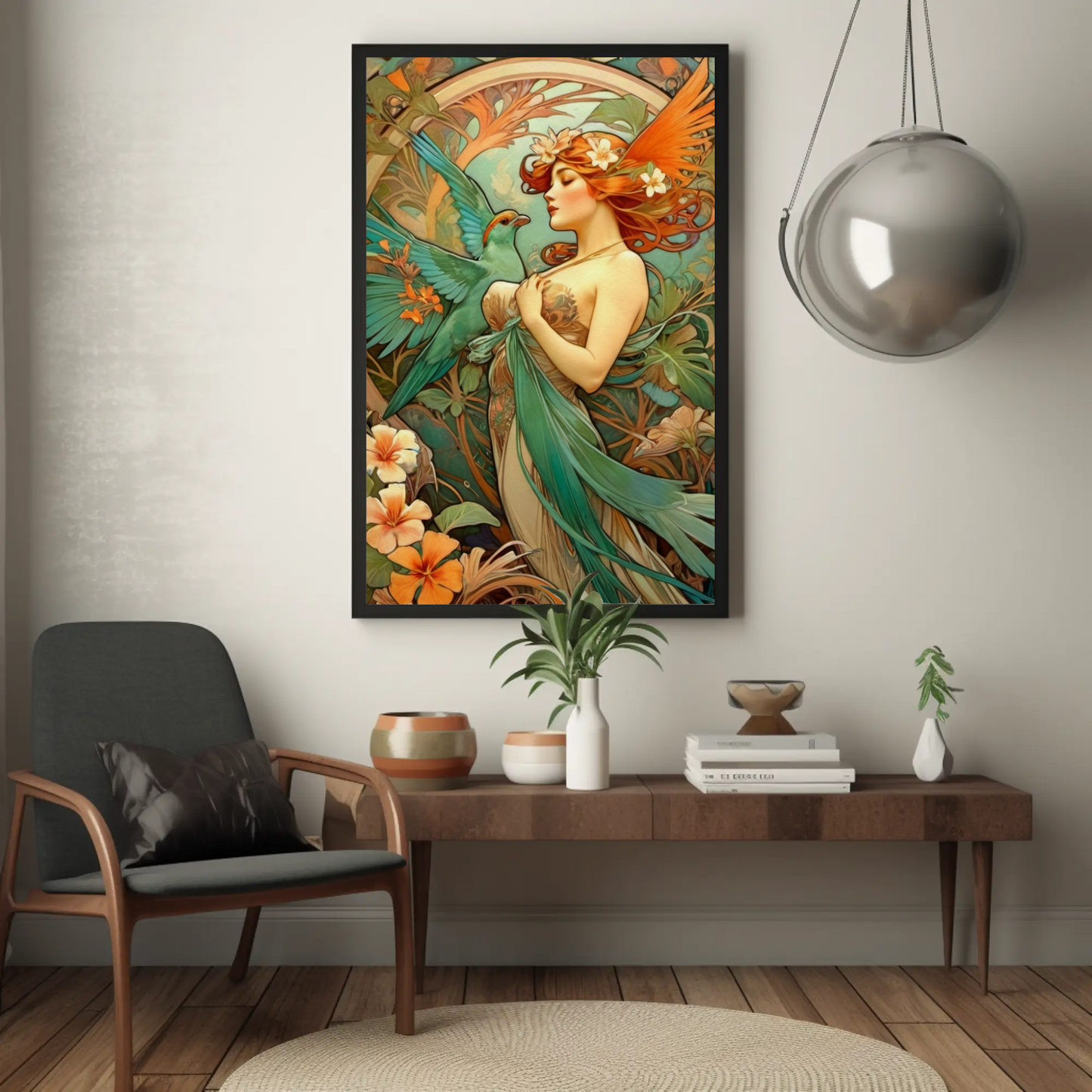 Beautiful Portrait of a Woman in Art Nouveau Style - Tropical Birds - Digital Download