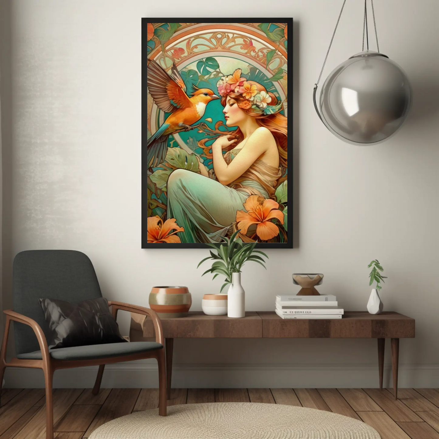 Beautiful Portrait of a Woman in Art Nouveau Style - Tropical Birds - Digital Download