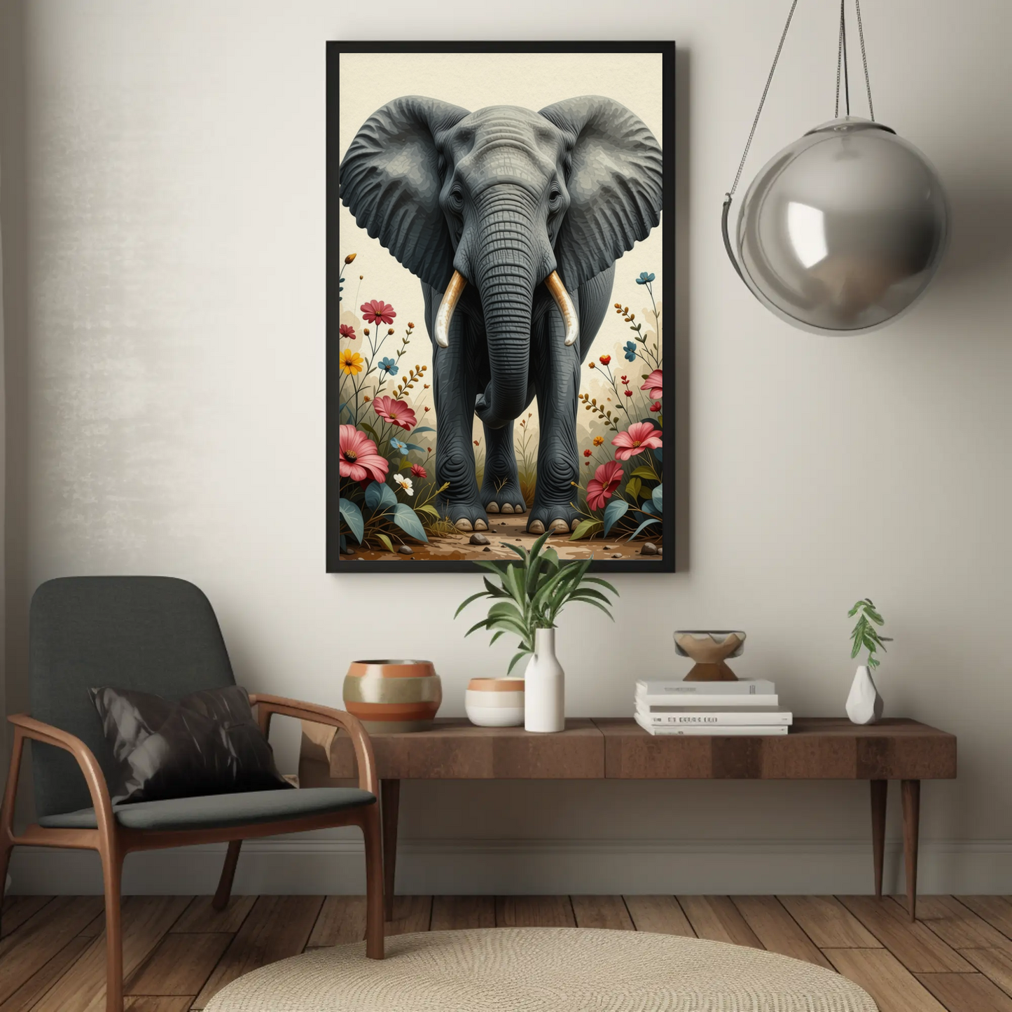 Elephant Portrait with Flowers Art Print - Digital Download