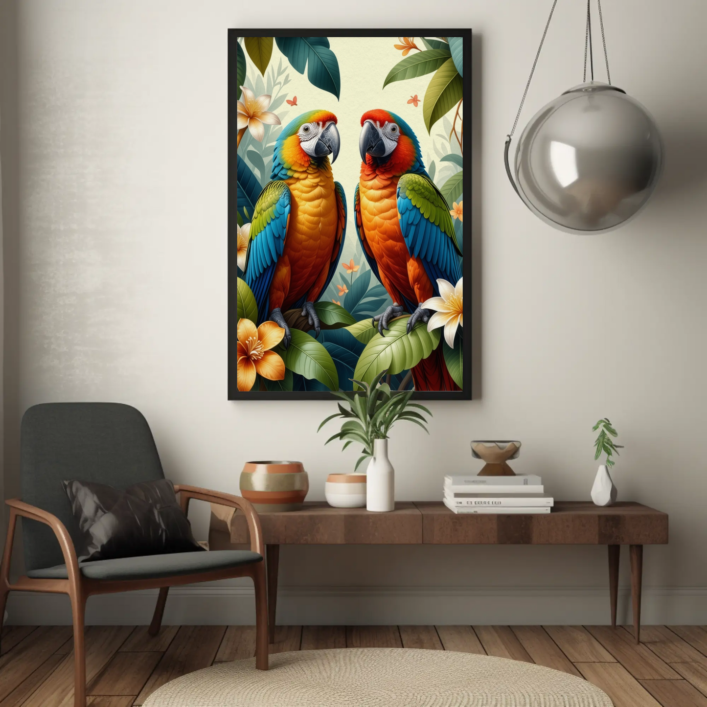 Parrot surrounded by Jungle Leaves Tropical Art Print - Digital Download