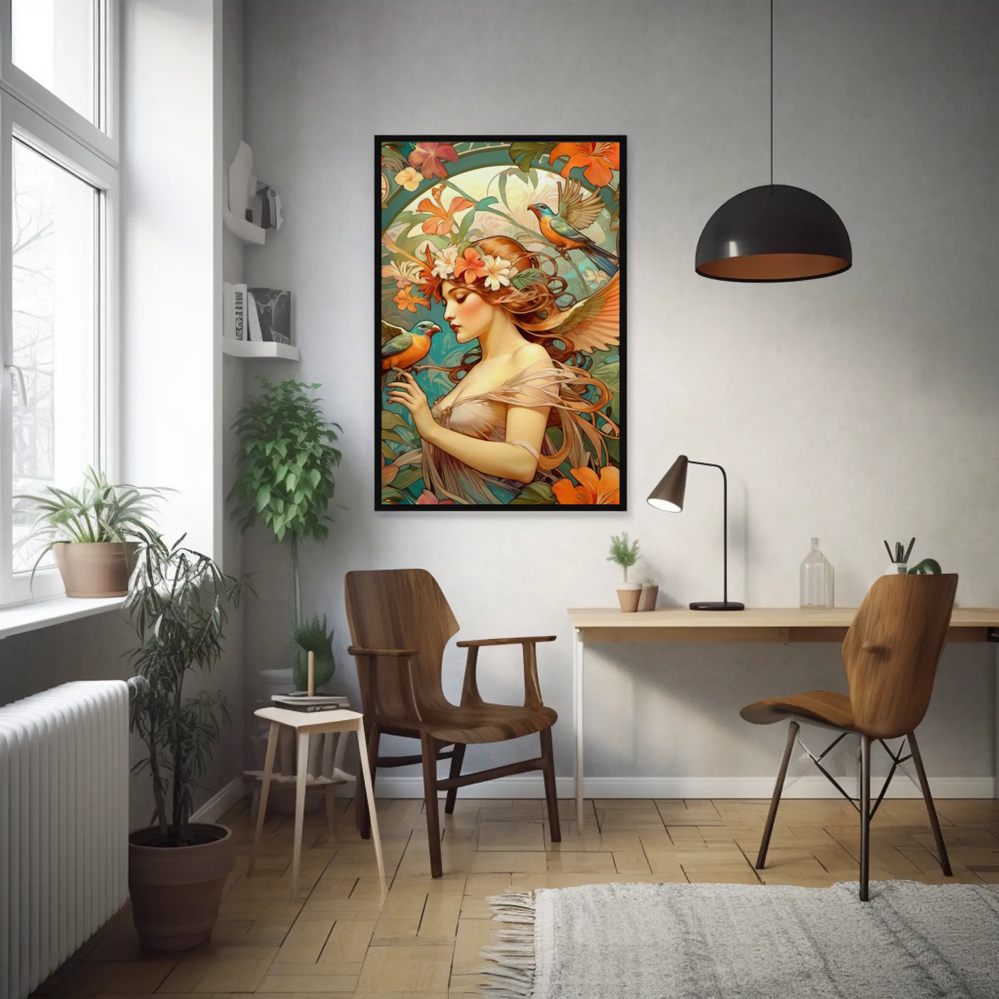 Beautiful Portrait of a Woman in Art Nouveau Style - Tropical Birds - Digital Download