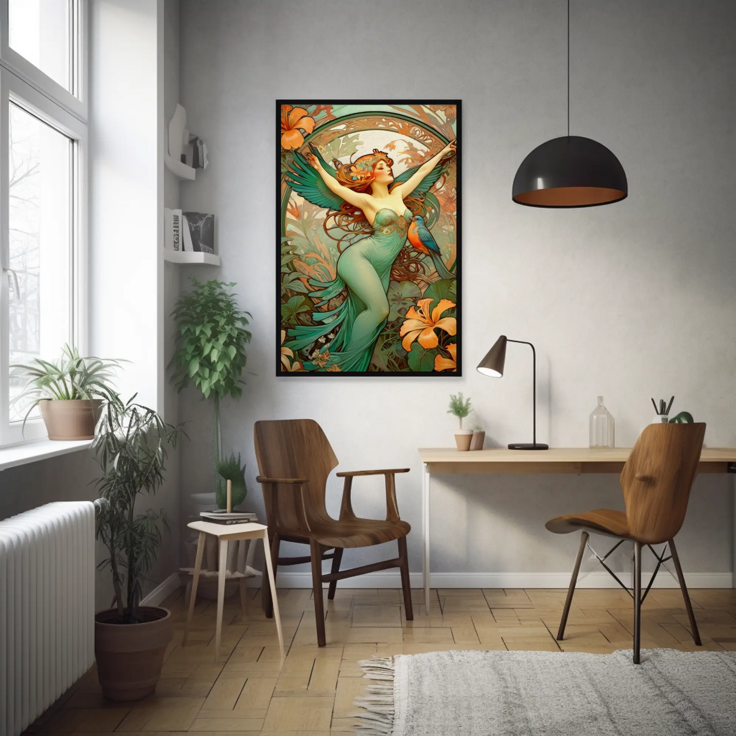 Beautiful Tropical Portrait of a Woman in Art Nouveau Style - Tropical Birds - Digital Download