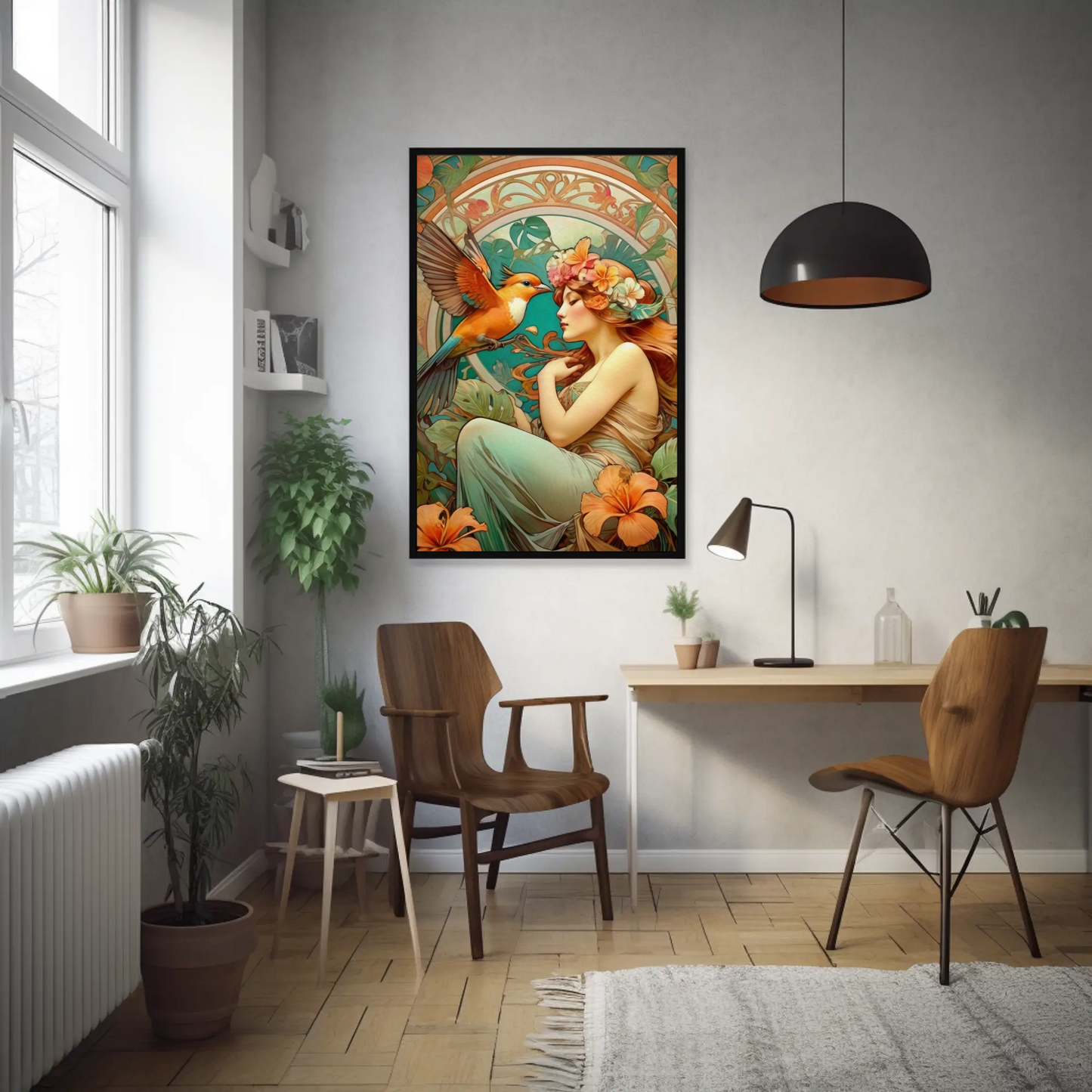 Beautiful Portrait of a Woman in Art Nouveau Style - Tropical Birds - Digital Download