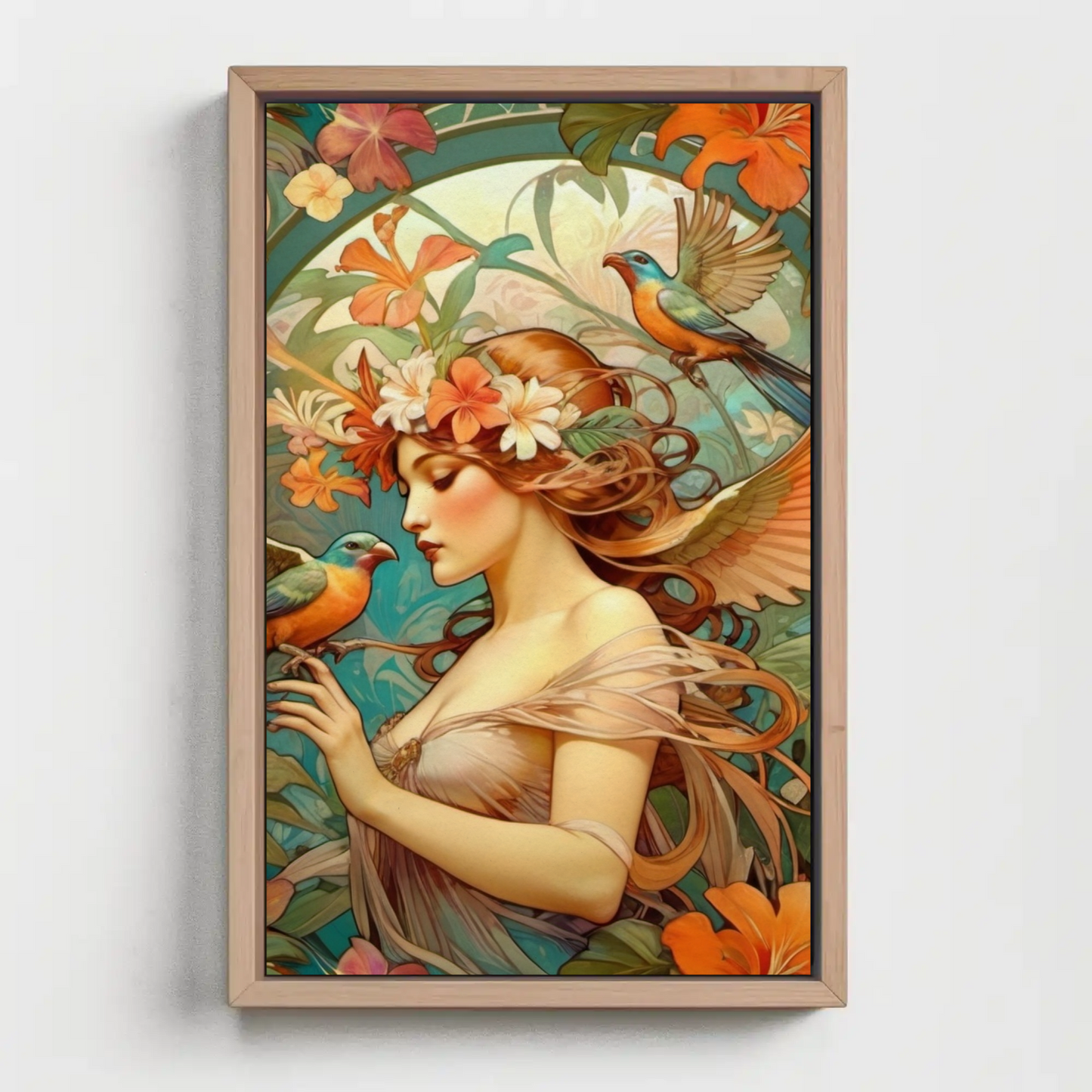 Beautiful Portrait of a Woman in Art Nouveau Style - Tropical Birds - Digital Download