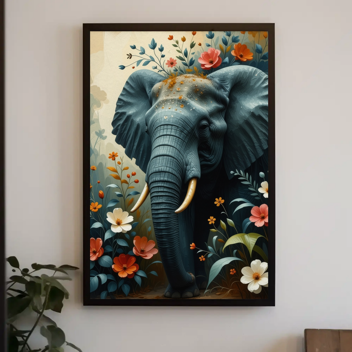 Elephant Portrait with Flowers Art Print - Digital Download