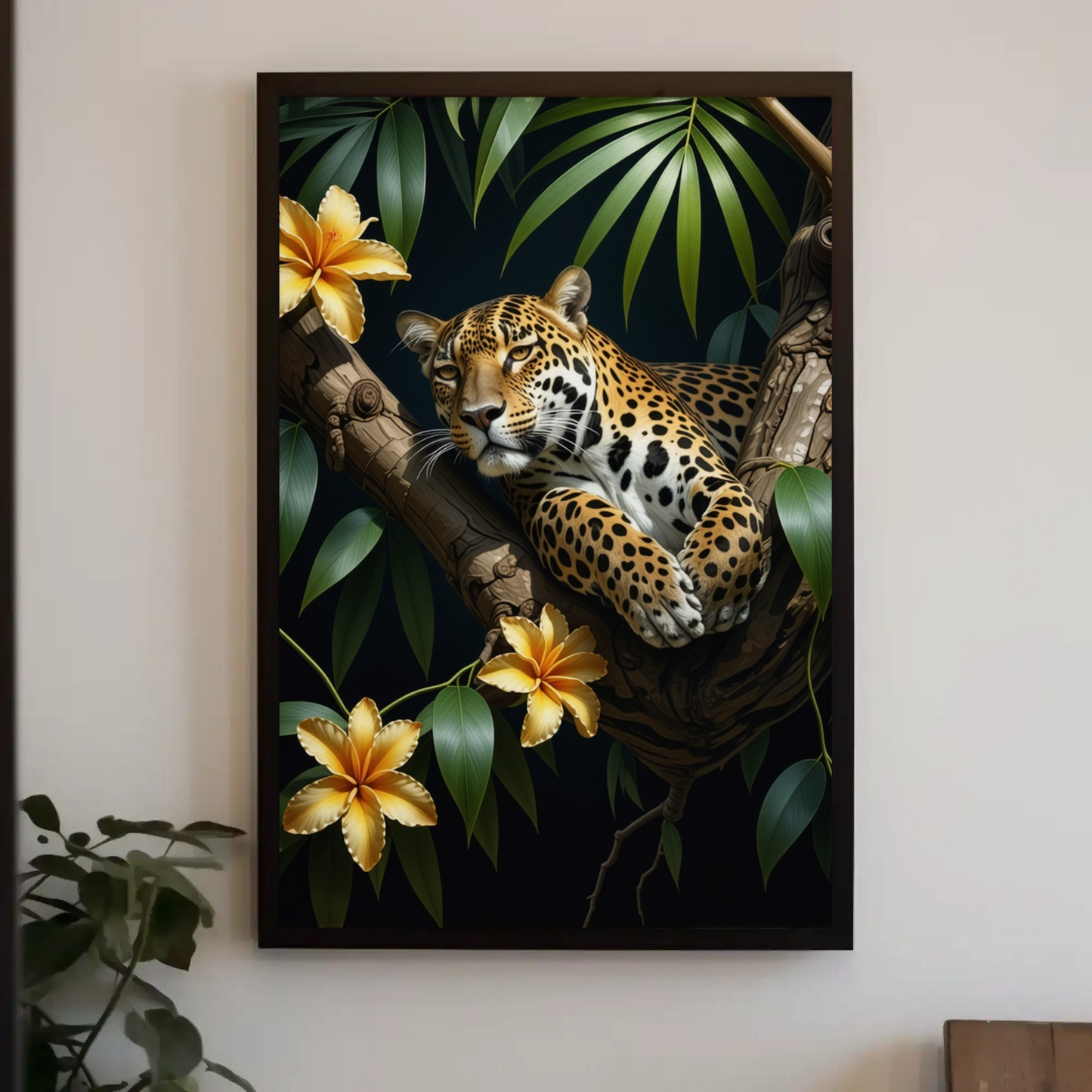 Jaguar Relaxing Jungle Leaves Floral Art Print - Digital Download