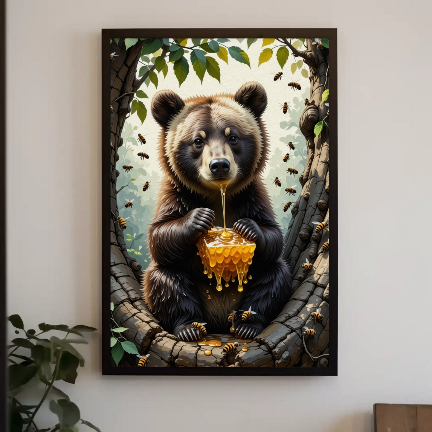 Bear eating a Honey Comb on a Forest Tree Art Print - Digital Download