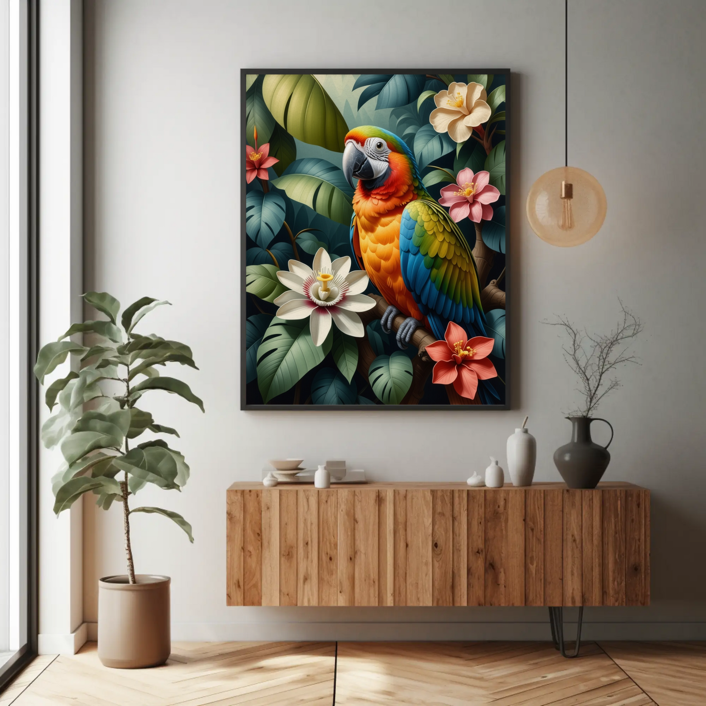 Parrot surrounded by Jungle Leaves Tropical Art Print - Digital Download