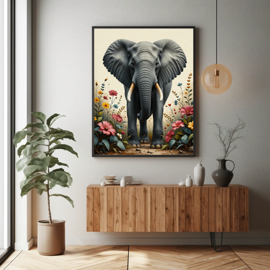 Elephant Portrait with Flowers Art Print - Digital Download