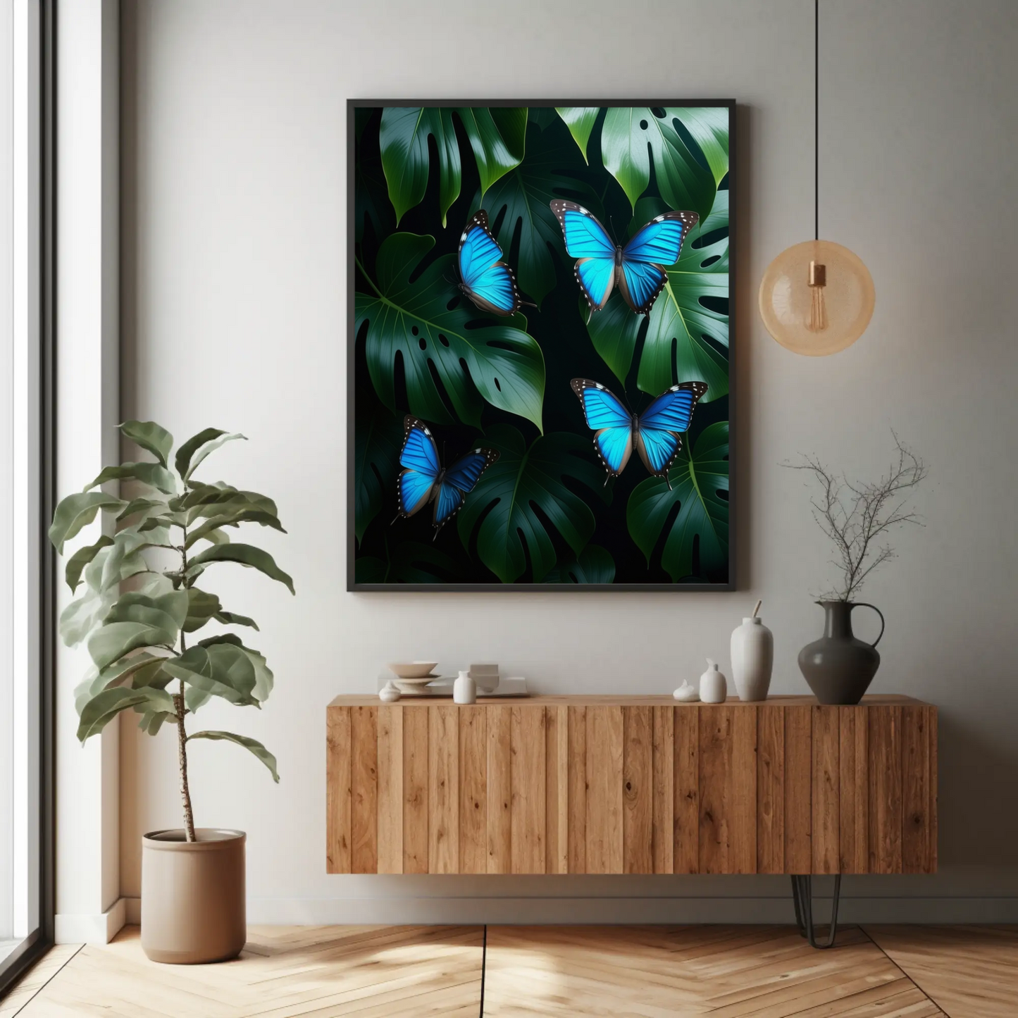 Butterflies in Monstera Tropical Foliage Art Print - Digital Download