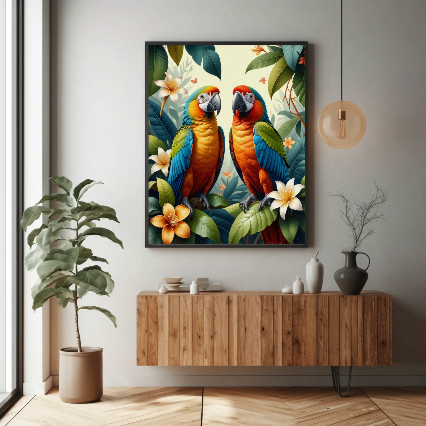 Parrot surrounded by Jungle Leaves Tropical Art Print - Digital Download