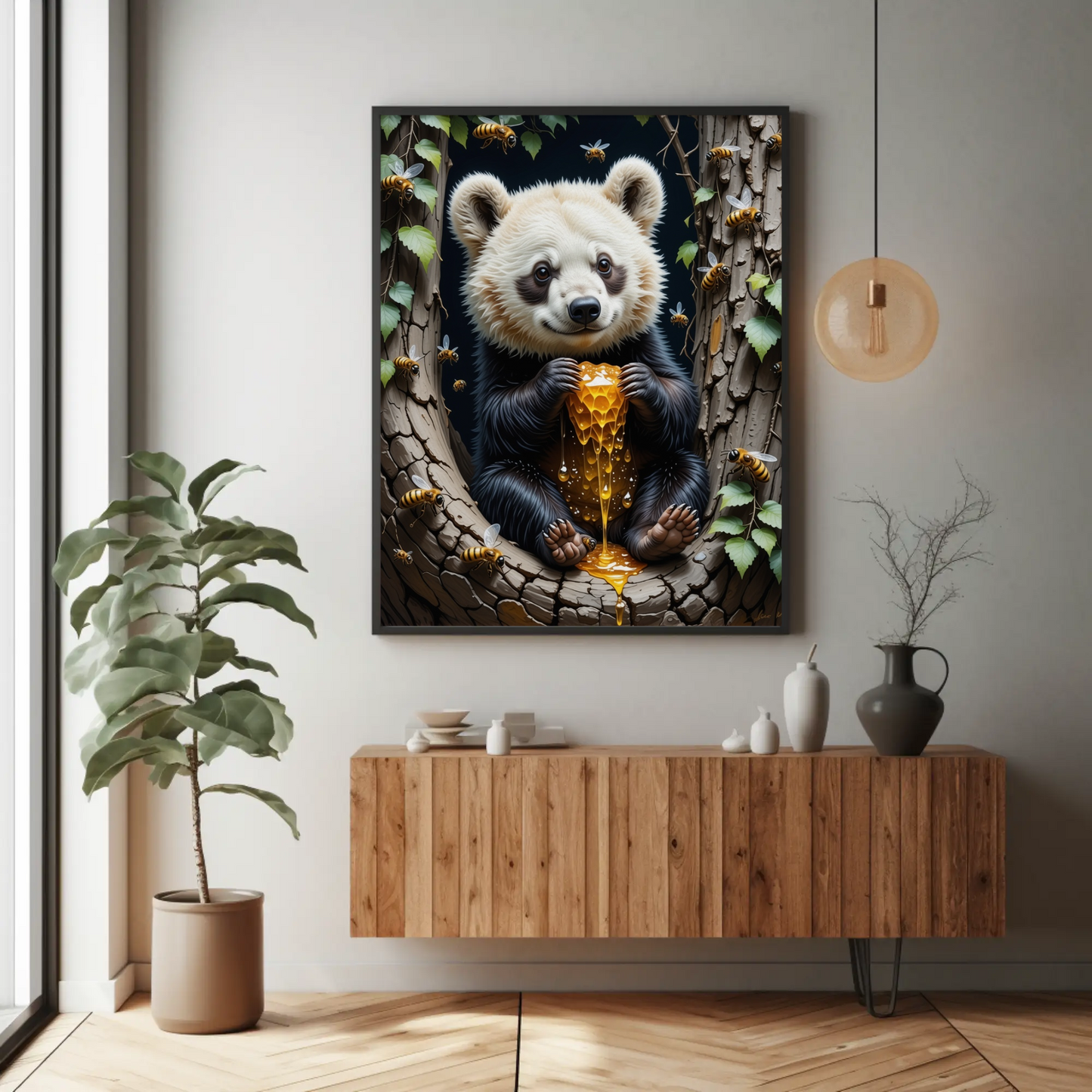 Cute Bear eating Honey Comb on a Forest Tree Art Print - Digital Download