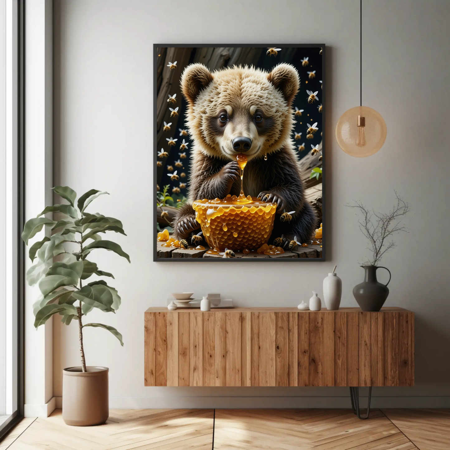 Bear eating Honey Comb on a Forest Tree Art Print - Digital Download