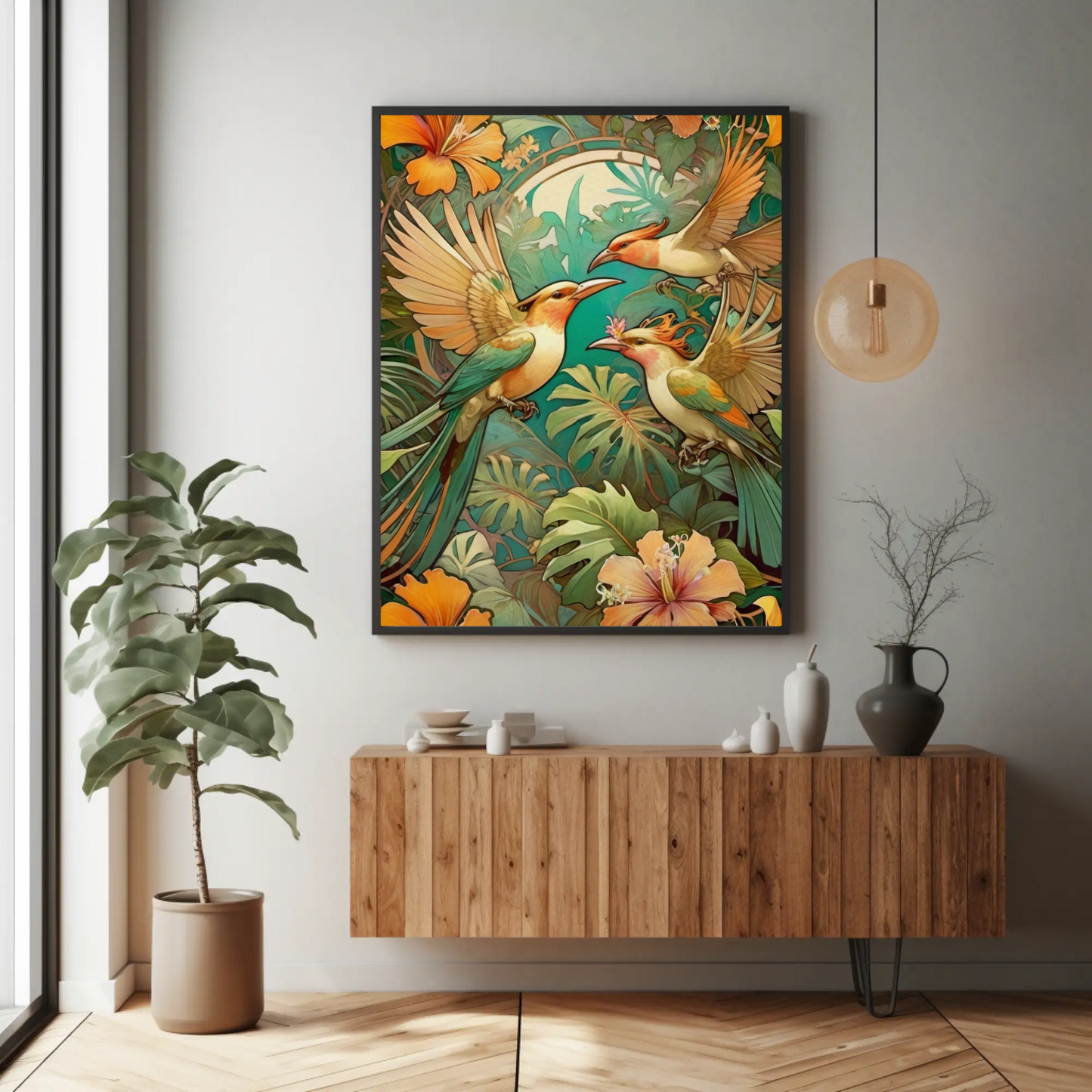 Beautiful Tropical Art Nouveau Style Art Print - Tropical Birds - Digital Download