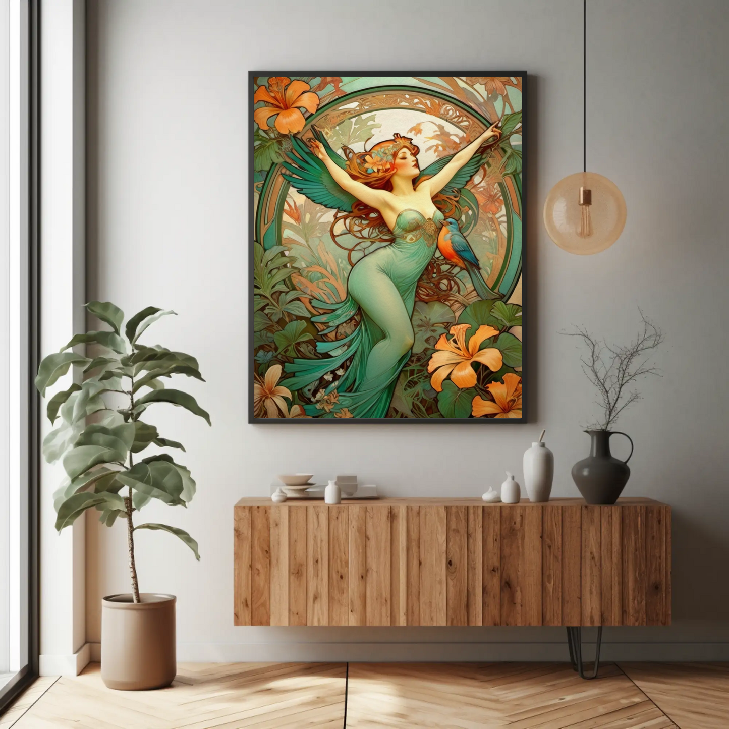 Beautiful Tropical Portrait of a Woman in Art Nouveau Style - Tropical Birds - Digital Download