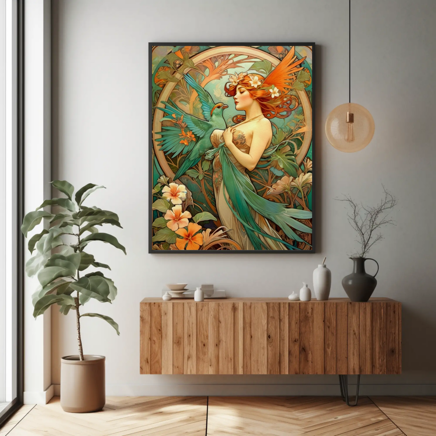 Beautiful Portrait of a Woman in Art Nouveau Style - Tropical Birds - Digital Download