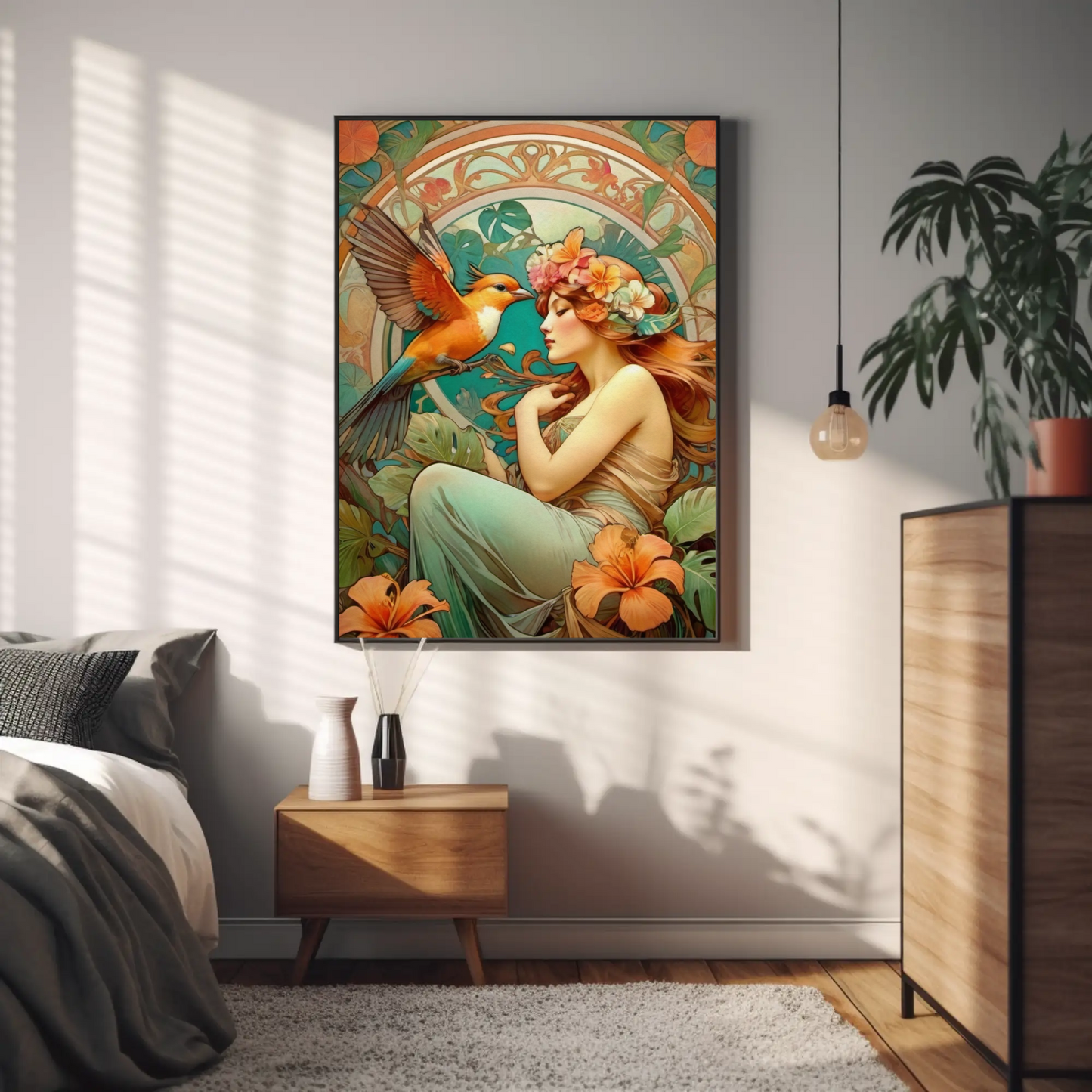 Beautiful Portrait of a Woman in Art Nouveau Style - Tropical Birds - Digital Download