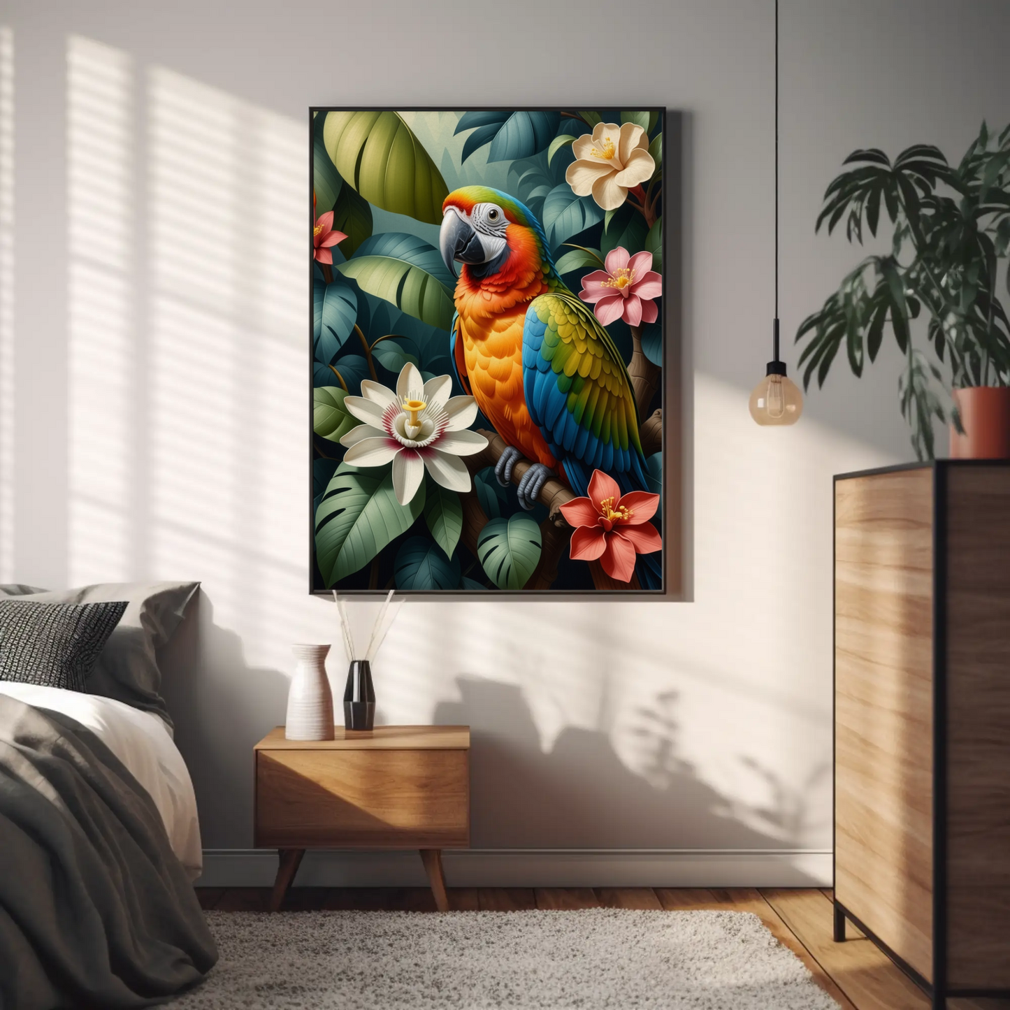 Parrot surrounded by Jungle Leaves Tropical Art Print - Digital Download
