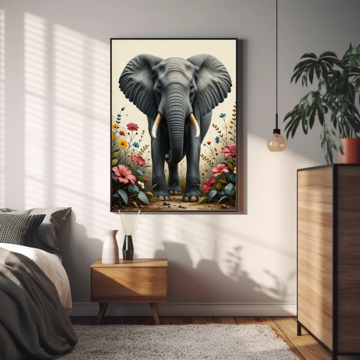 Elephant Portrait with Flowers Art Print - Digital Download