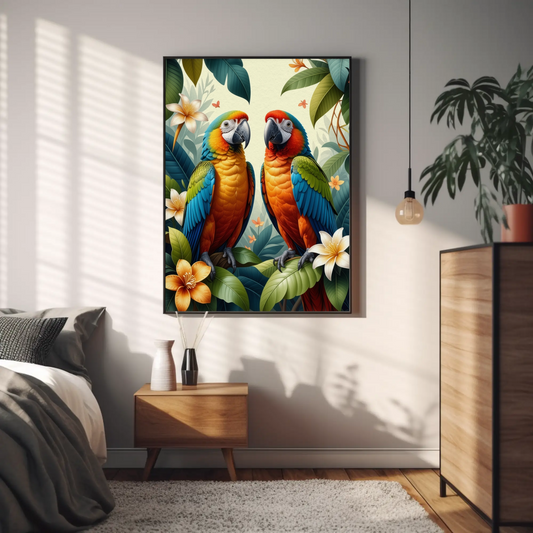 Parrot surrounded by Jungle Leaves Tropical Art Print - Digital Download