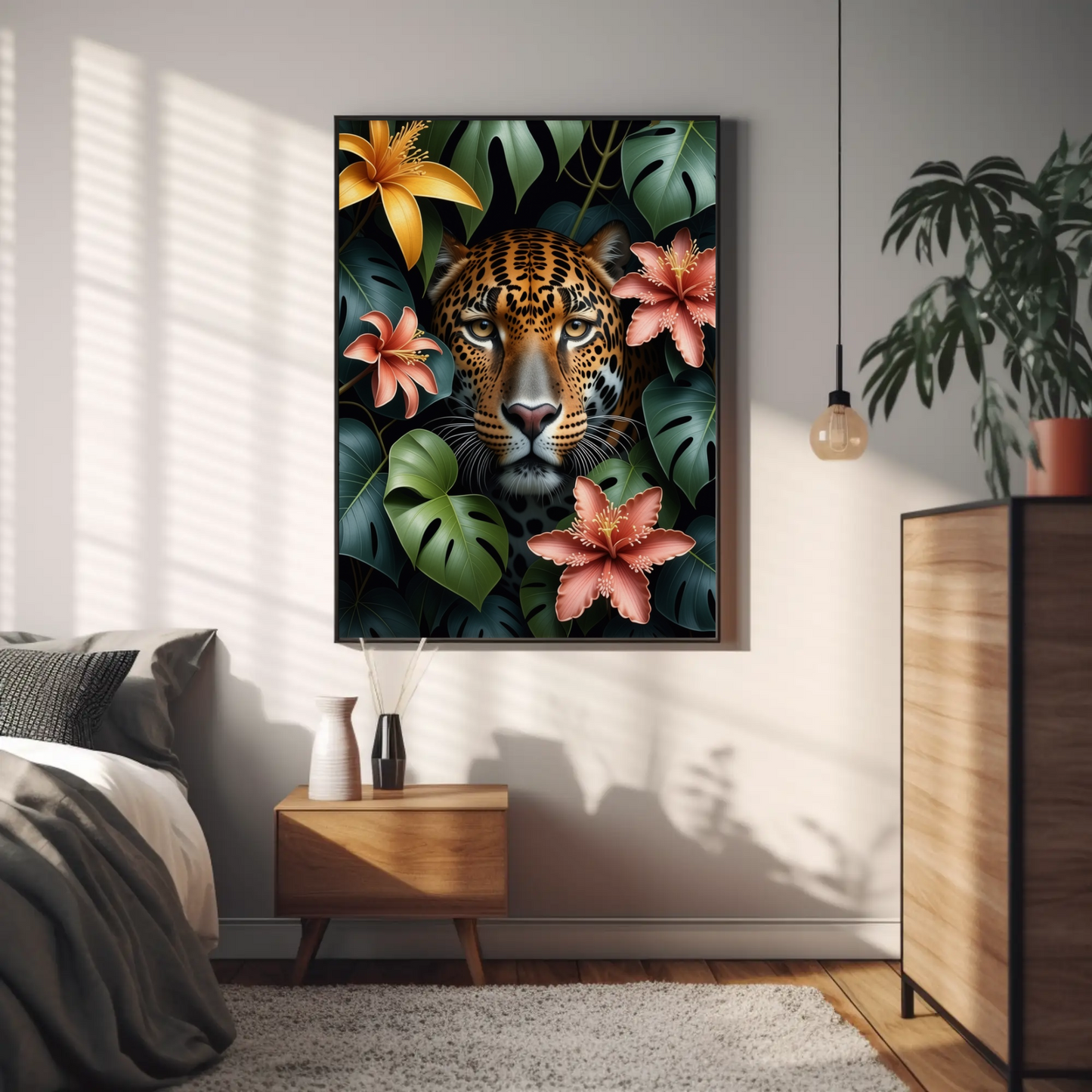 Jaguar Sneeking through Jungle Leaves Floral Art Print - Digital Download