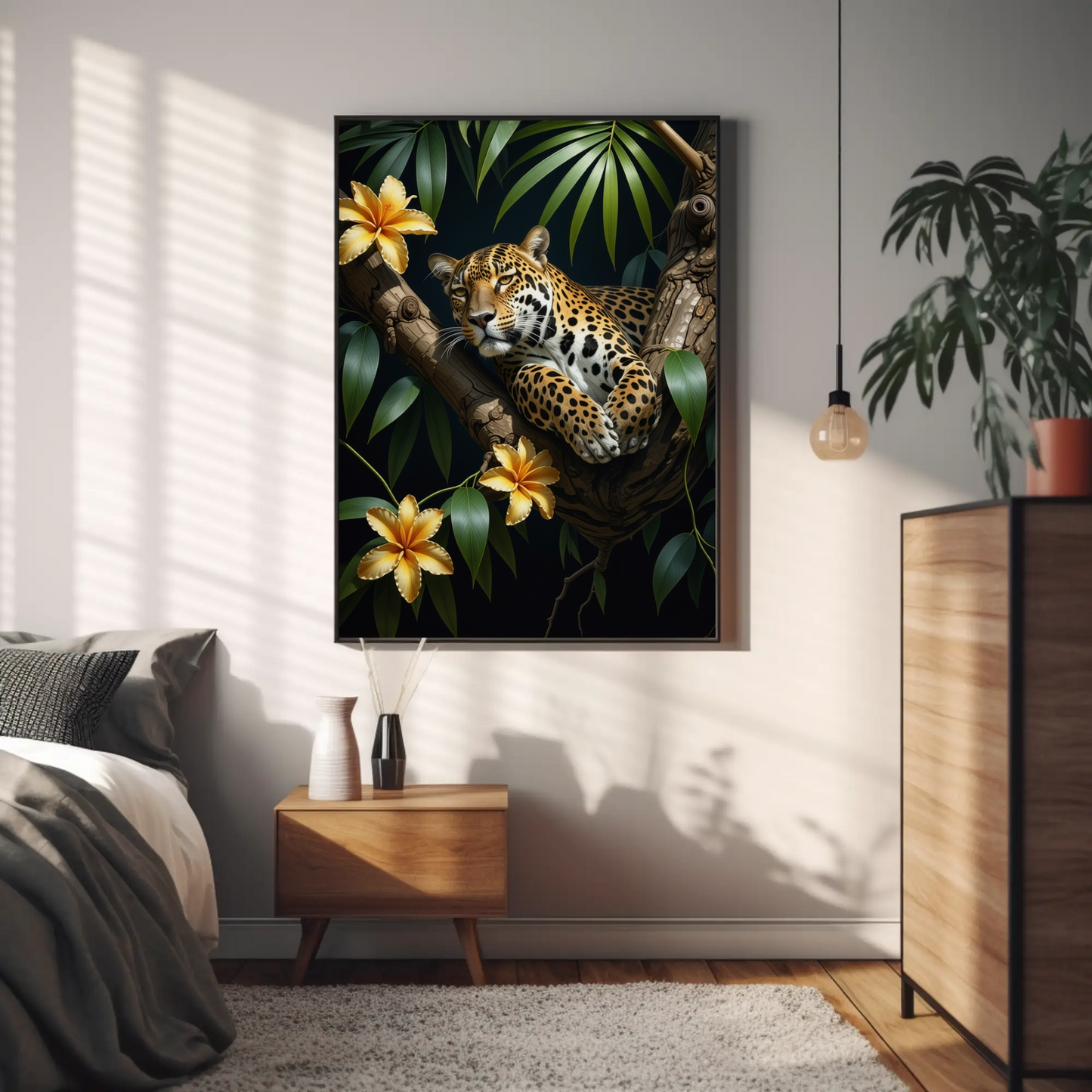 Jaguar Relaxing Jungle Leaves Floral Art Print - Digital Download