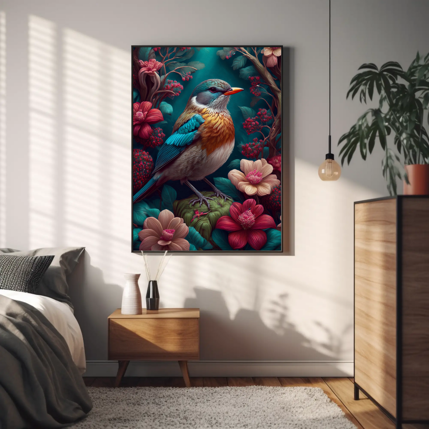 Robin Beautiful Floral Bird Art Print - Digital Download