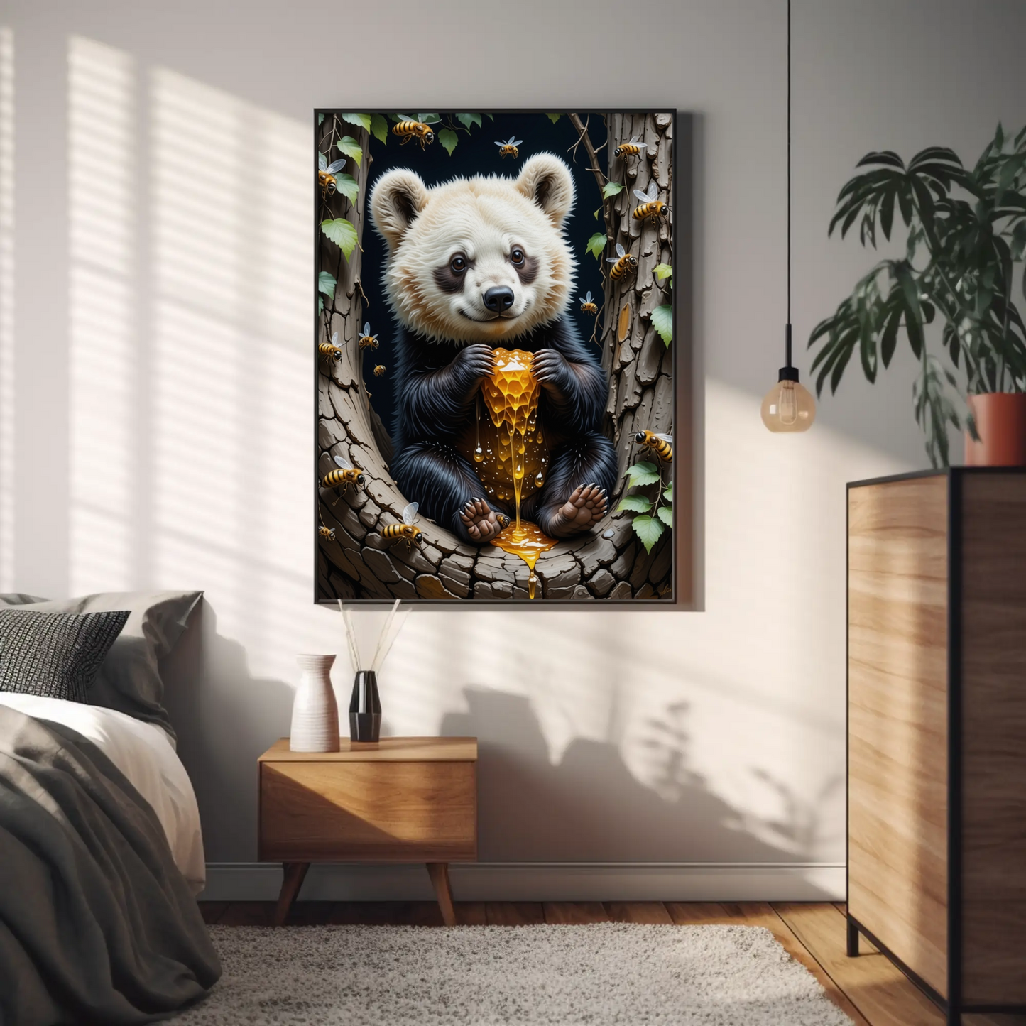 Cute Bear eating Honey Comb on a Forest Tree Art Print - Digital Download