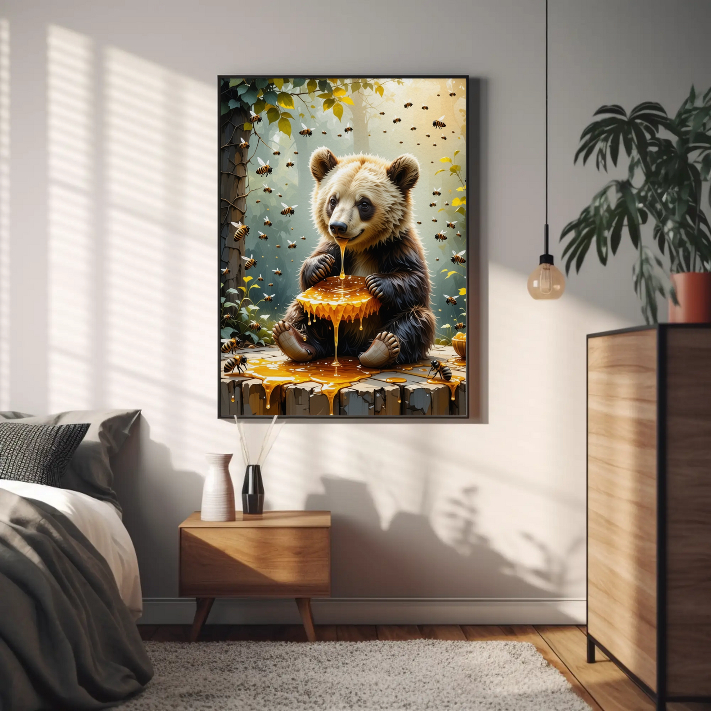 Bear eating a Honey Comb on a Forest Tree Art Print - Digital Download
