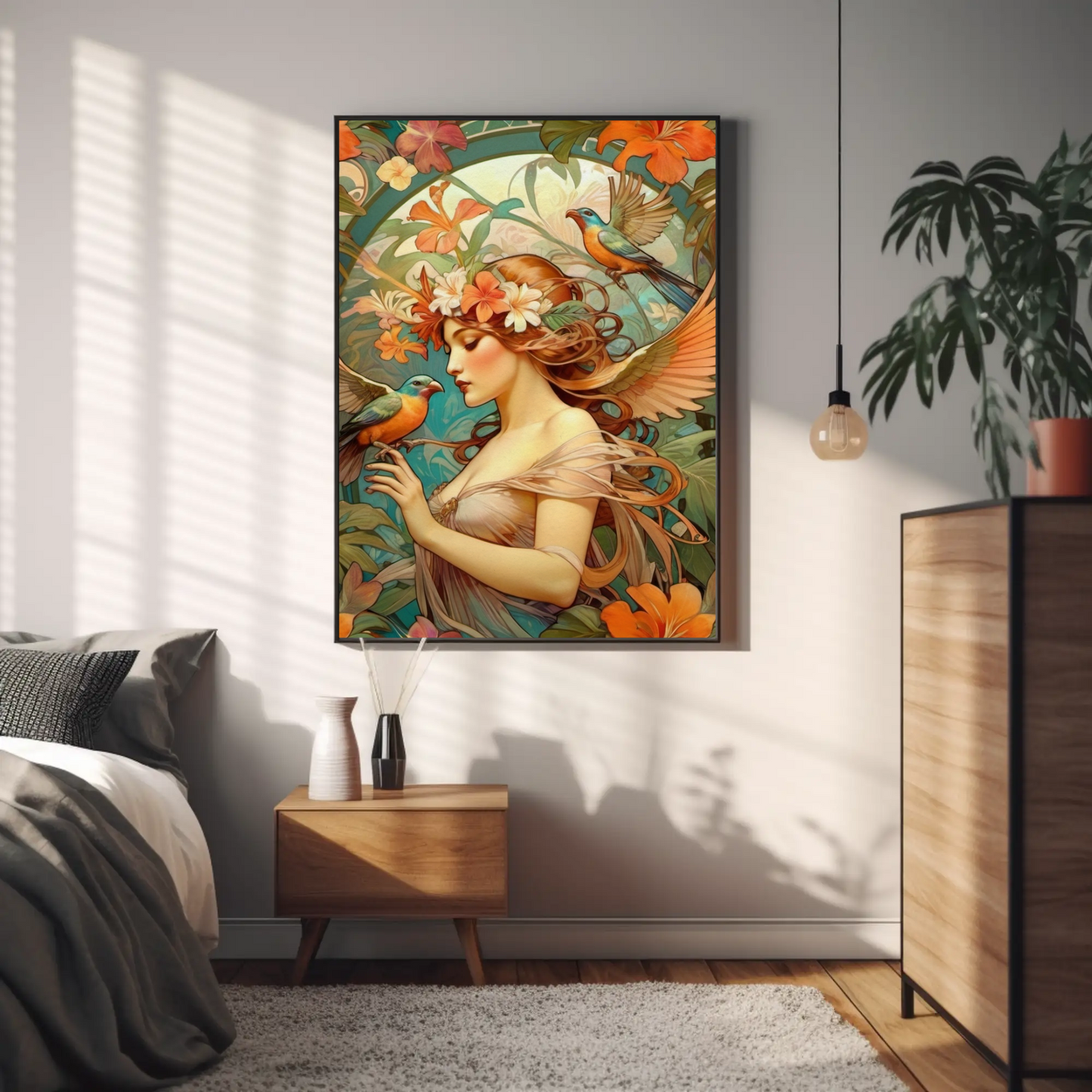 Beautiful Portrait of a Woman in Art Nouveau Style - Tropical Birds - Digital Download
