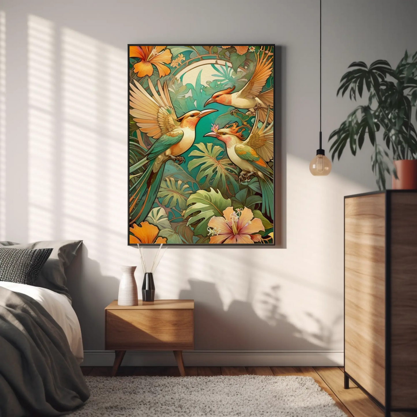 Beautiful Tropical Art Nouveau Style Art Print - Tropical Birds - Digital Download