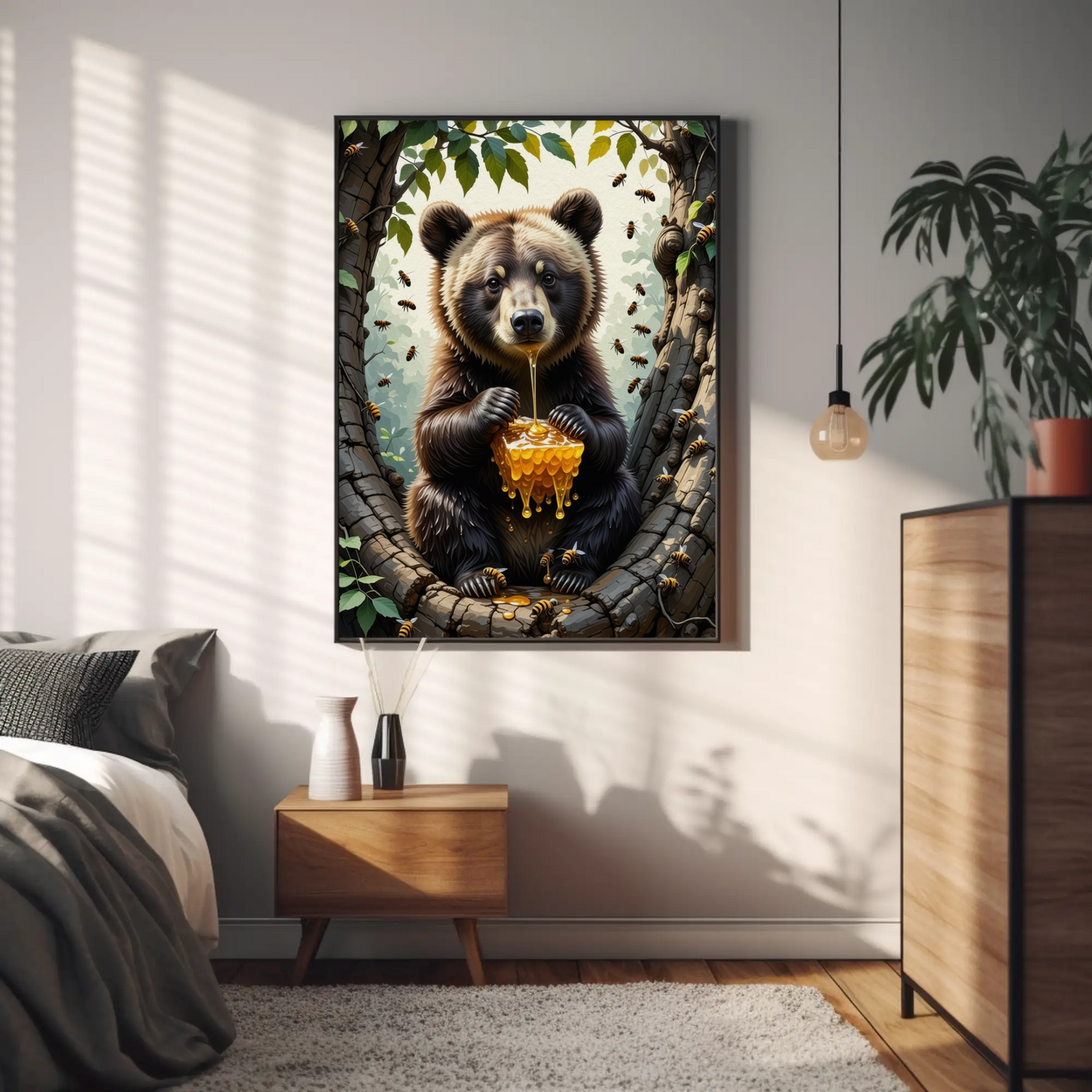 Bear eating a Honey Comb on a Forest Tree Art Print - Digital Download