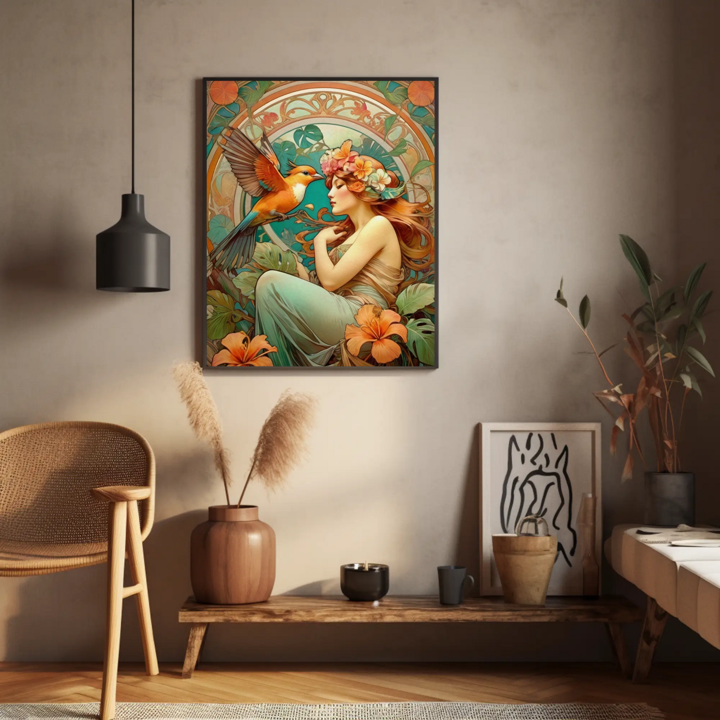 Beautiful Portrait of a Woman in Art Nouveau Style - Tropical Birds - Digital Download
