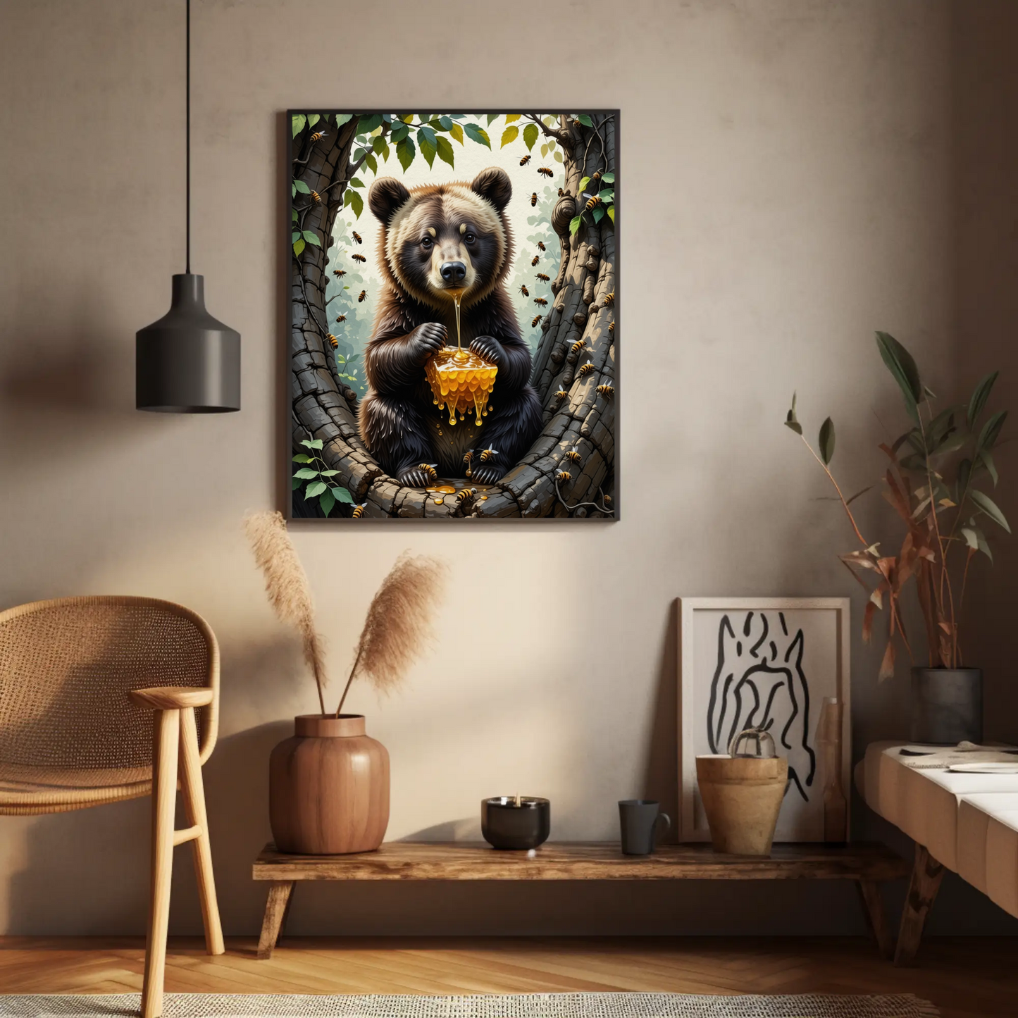 Bear eating a Honey Comb on a Forest Tree Art Print - Digital Download