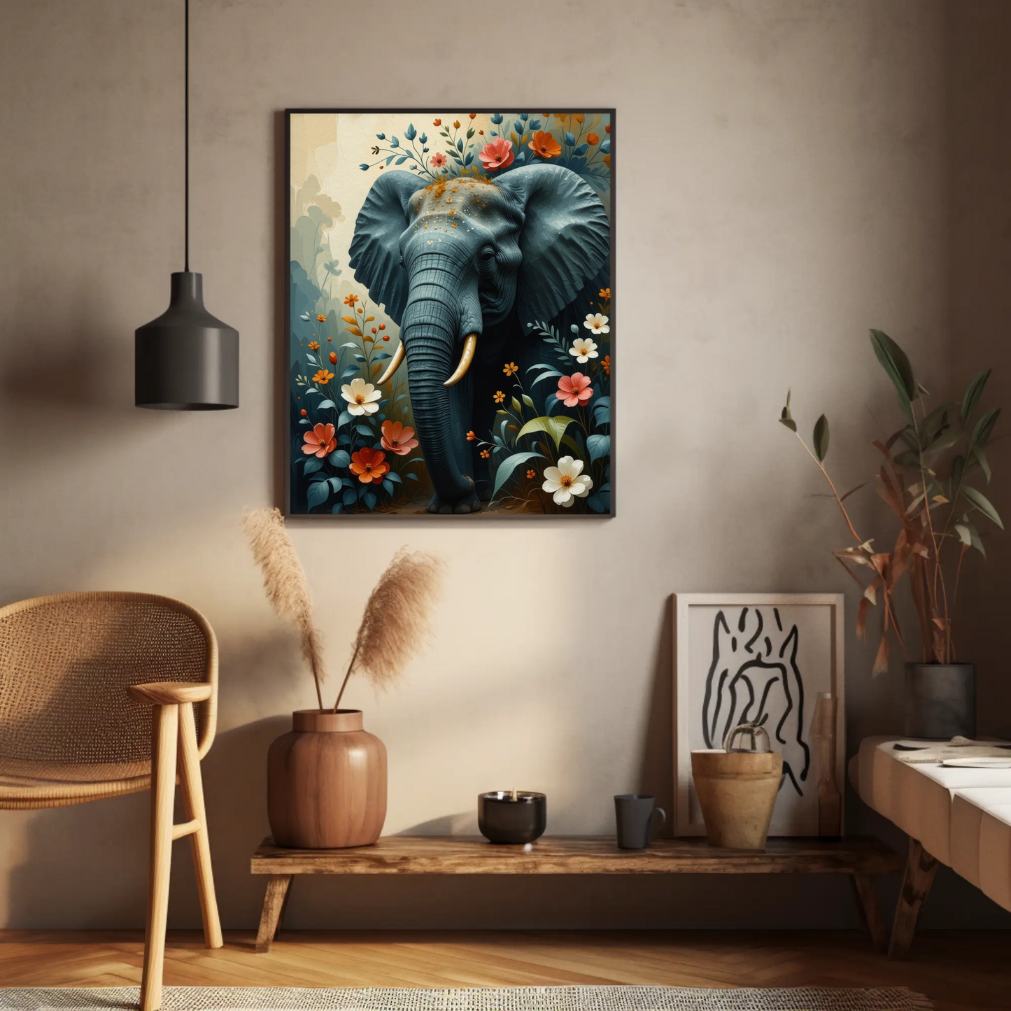 Elephant Portrait with Flowers Art Print - Digital Download