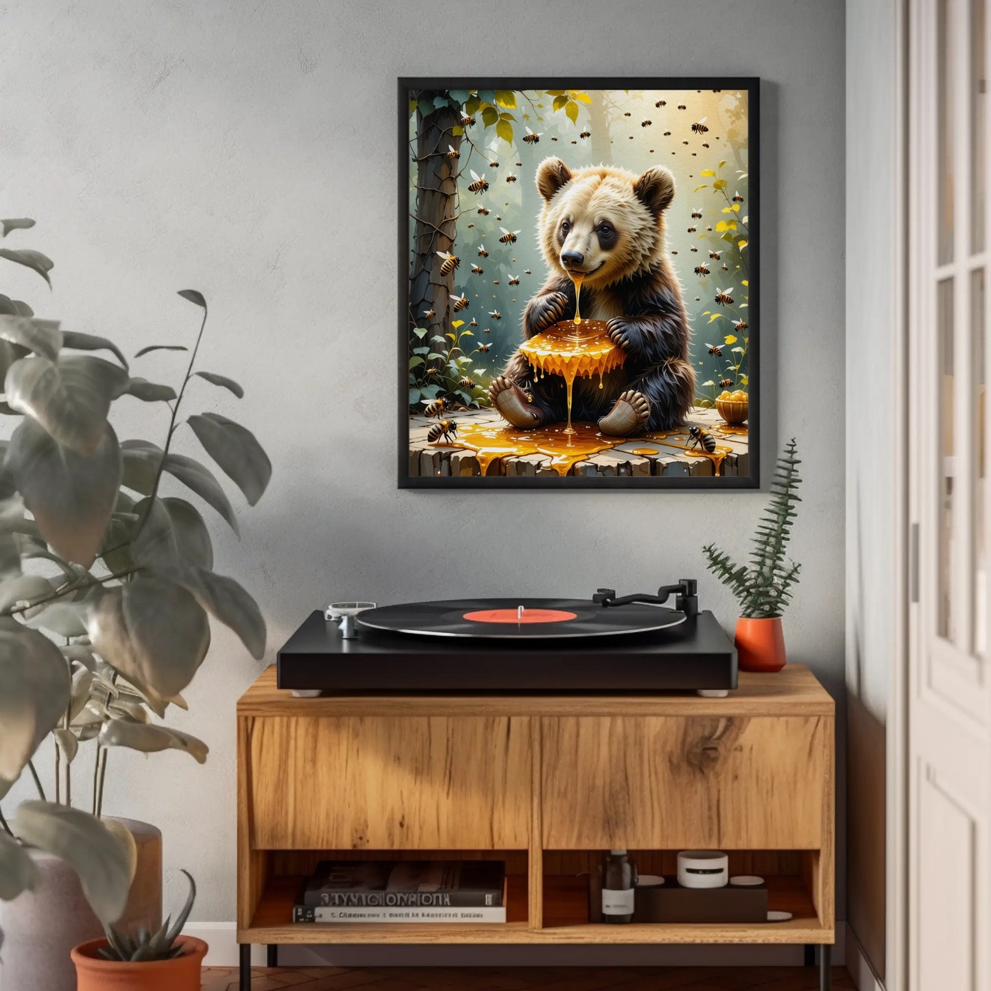 Bear eating a Honey Comb on a Forest Tree Art Print - Digital Download
