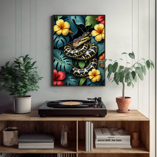 Boa Constrictor surrounded by Jungle Leaves Tropical Art Print - Digital Download