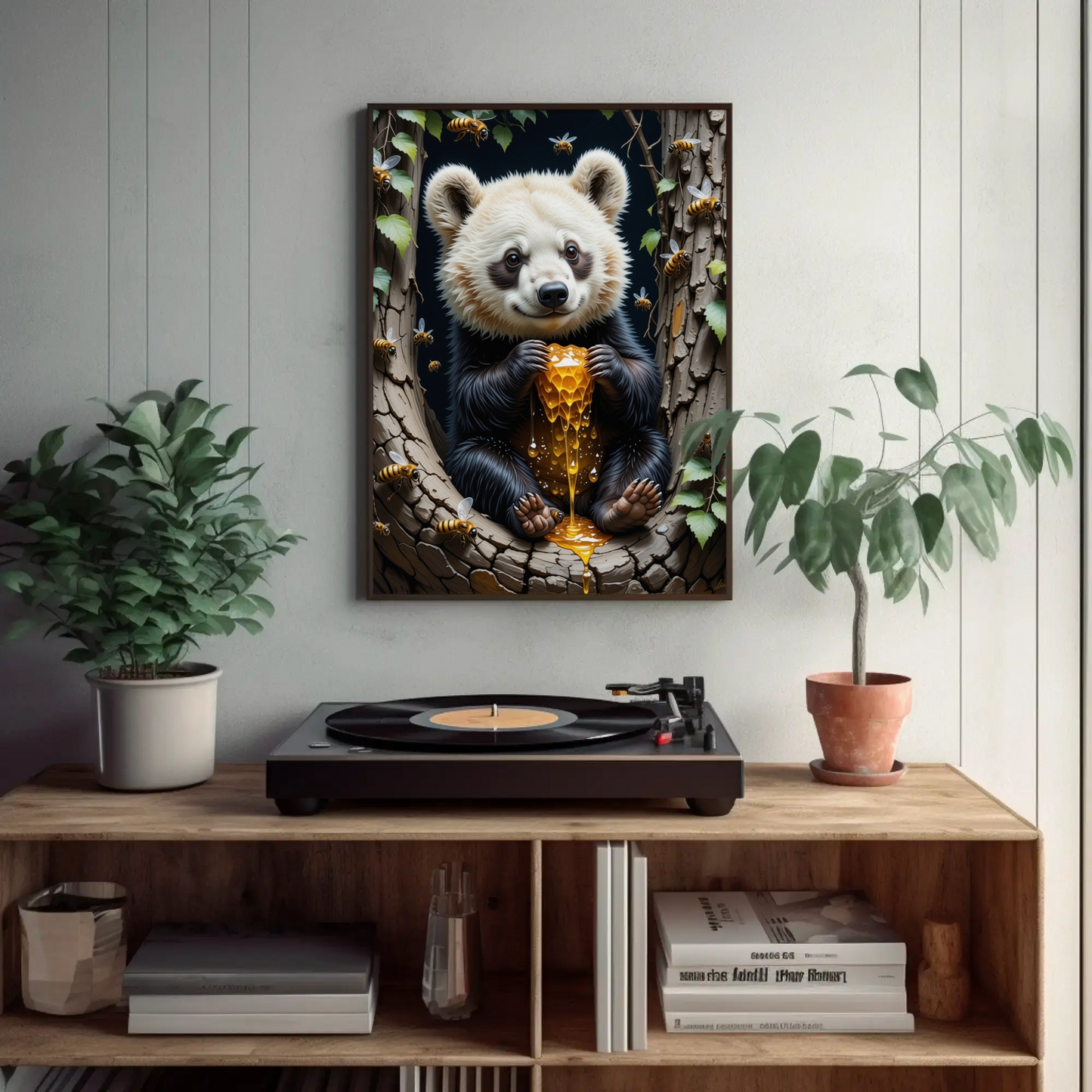 Cute Bear eating Honey Comb on a Forest Tree Art Print - Digital Download