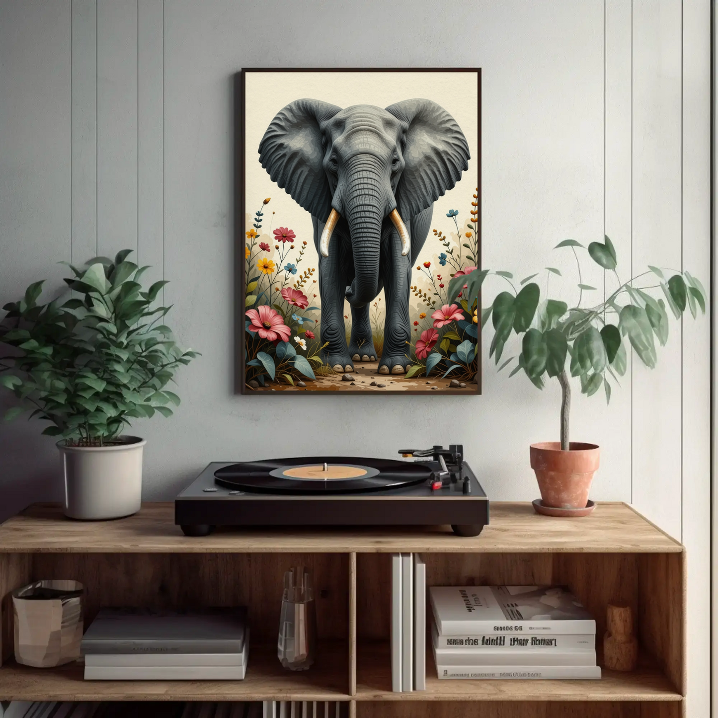 Elephant Portrait with Flowers Art Print - Digital Download
