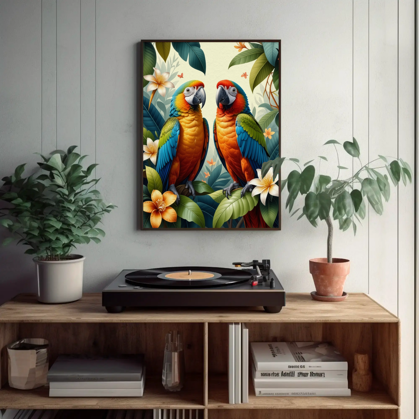 Parrot surrounded by Jungle Leaves Tropical Art Print - Digital Download