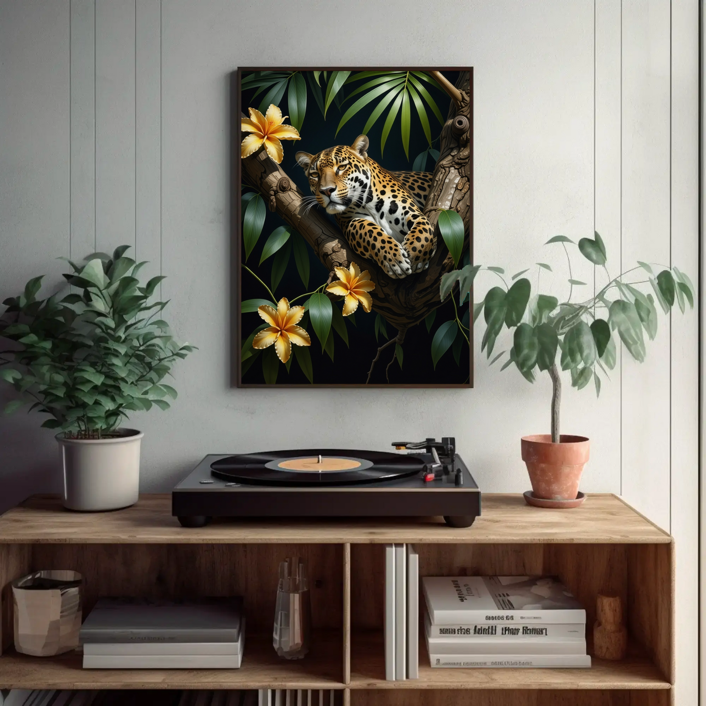 Jaguar Relaxing Jungle Leaves Floral Art Print - Digital Download