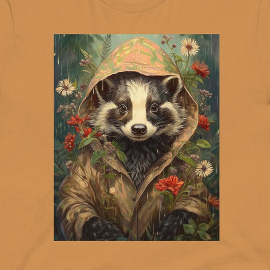 Brown t-shirt with a raccoon illustration on a white background