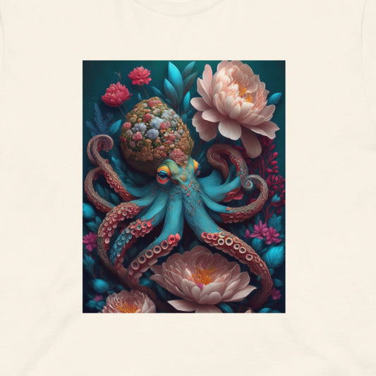 Beige t-shirt with a colorful octopus and floral design on a white background