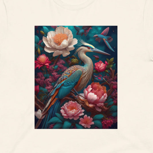 Beige t-shirt with a colorful heron and floral design on a white background